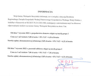 Informacja o obowiązującej taryfie dotyczącej zbiorowego odprowadzania ścieków na terenie Gminy Wielopole Skrzyńskie