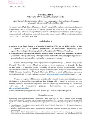 Obwieszczenie Wójta Gminy Wielopole Skrzyńskie o przystąpieniu do sporządzenia miejscowego planu zagospodarowania przestrzennego w centrum miejscowości Wielopole Skrzyńskie