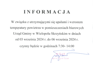 Skrócony czas pracy Urzędu Gminy w dniach 3.09 - 6.09