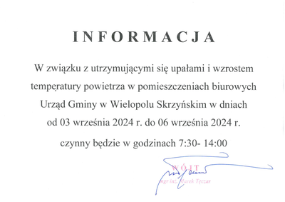 Skrócony czas pracy Urzędu Gminy w dniach 3.09 - 6.09