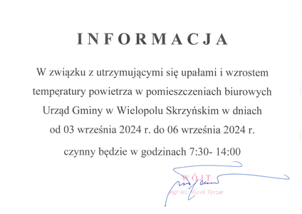 Skrócony czas pracy Urzędu Gminy w dniach 3.09 - 6.09