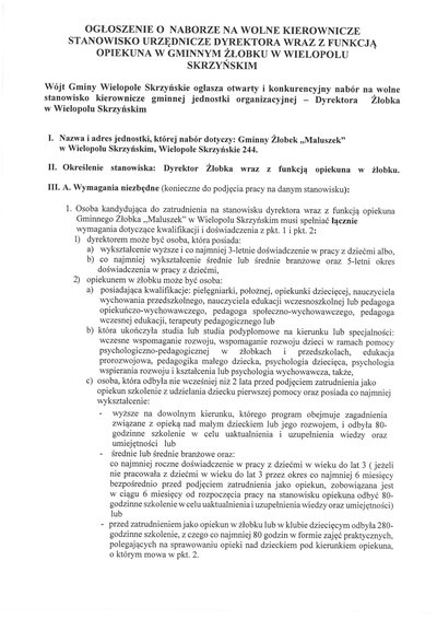 Nabór na stanowisko Dyrektora wraz z funkcją opiekuna w gminnym żłobku "Maluszek" w Wielopolu Skrzyńskim