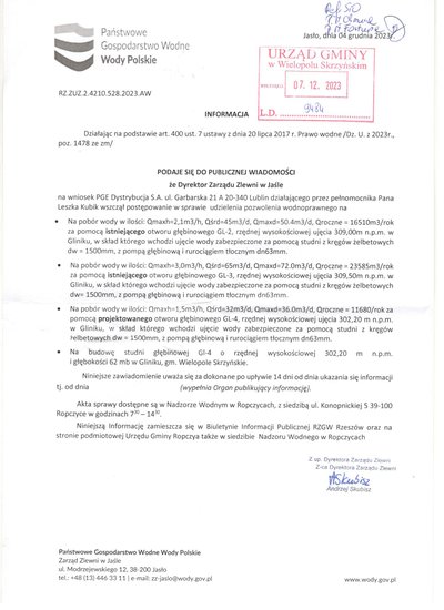 Informacja Dyrektora Zarządu Zlewni w Jaśle