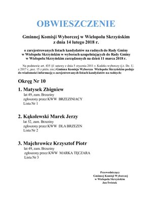 Obwieszczenie Gminnej Komisji Wyborczej w Wielopolu Skrzyńskim z dnia 14 lutego 2018 r.