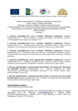 Lokalna grupa Działania C.K Podkarpacie - informacja o terminach  naborów wniosków