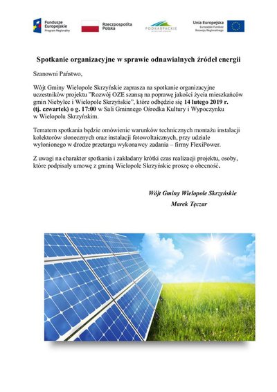 Spotkanie organizacyjne dla mieszkańców Gminy Wielopole Skrzyńskie  w sprawie Odnawialnych Żródeł Energii