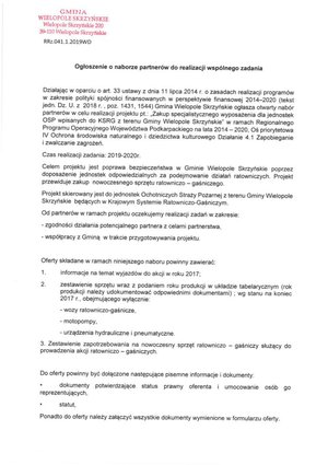 Ogłoszenie o naborze partnerów do realizacji projektu pt.: "Zakup specjalistycznego wyposażenia dla jednostek OSP wpisanych do KSRG z terenu Gminy Wielopole Skrzyńskie"