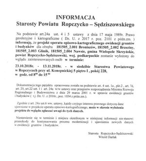 Informacja dla mieszkańców Gminy Wielopole Skrzyńskie dot. projektu operatu opisowo - kartograficznego ewidencji gruntów i budynków