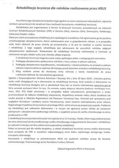 Rehabilitacja  lecznicz dla rolników realizowana przez KRUS - informacja