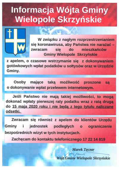 Informacja Wójta Gminy Wielopole Skrzyńskie