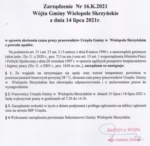 Zarządzenie Wójta Gminy Wielopole Skrzyńskie w sprawie skrócenia czasu pracy pracowników Urzędu Gminy