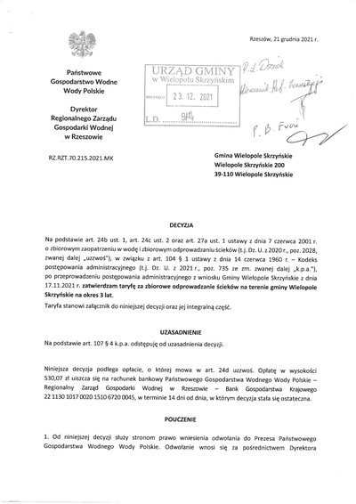 Decyzja o taryfie dla zbiorowego odprowadzania ścieków przez Gminę Wielopole Skrzyńskie