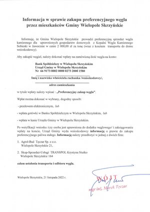 Informacja w sprawie zakupu preferencyjnego węgla przez mieszkańców Gminy Wielopole Skrzyńskie