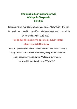 Informacja dla mieszkańców wsi Wielopole Skrzyńskie i Brzeziny
