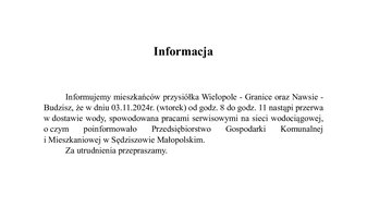 Informacja o przerwie w dostawie wody