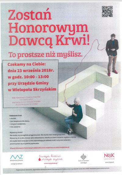 Zapraszamy 23 września 2018 roku do Wielopola Skrzyńskiego na akcję Honorowego Oddawania Krwi