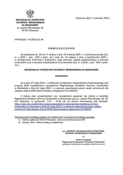 Obwieszczenie Regionalnego Dyrektora Ochrony Środowiska w Rzeszowie