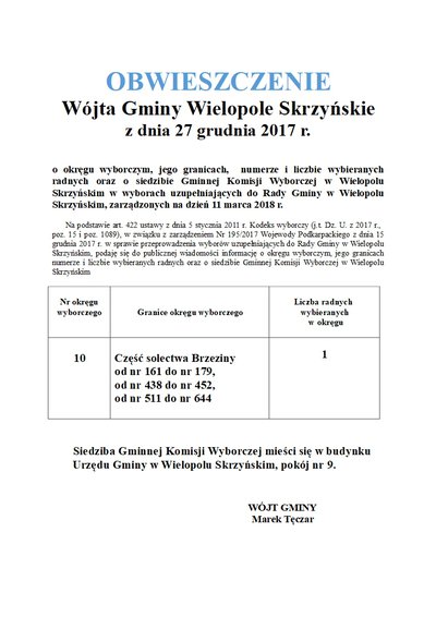 Obwieszczenie Wójta Gminy Wielopole Skrzyńskie z dnia 27 grudnia 2017 r.