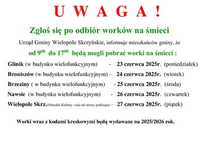 Ogłoszenie o wydawaniu worków 2025 r.