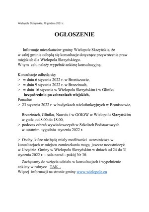 konsultacje dotyczące przywrócenia praw miejskich dla Wielopola Skrzyńskiego
