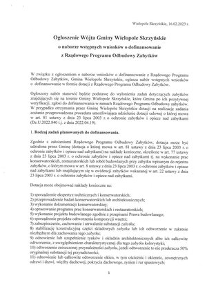 Ogłoszenie Wójta Gminy Wielopole Skrzyńskie o naborze wstępnych wniosków  o dofinansowanie z Rządowego Programu Odbudowy Zabytków