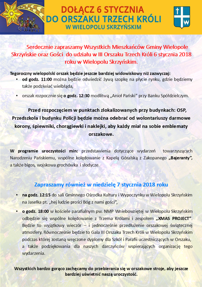 Serdecznie zapraszamy do udziału w III Orszaku Trzech Króli 6 stycznia 2018 roku w Wielopolu Skrzyńskim