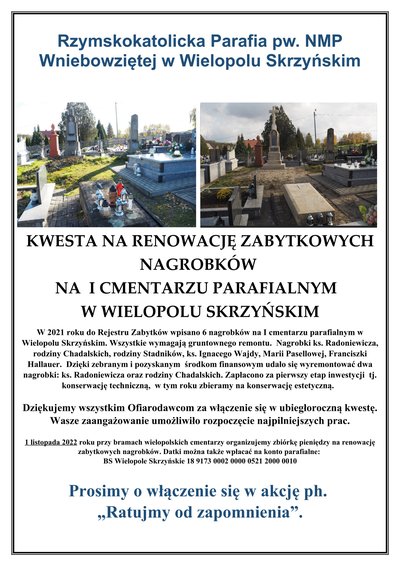 Kwesta na renowację zabytkowych nagrobków na I cmentarzu parafialnym w Wielopolu Skrzyńskim