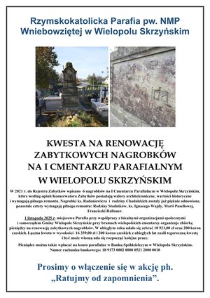 Kwesta na renowację zabytkowych nagrobków na I cmentarzu parafialnym w Wielopolu Skrzyńskim