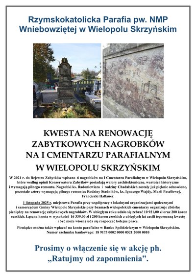 Kwesta na renowację zabytkowych nagrobków na I cmentarzu parafialnym w Wielopolu Skrzyńskim