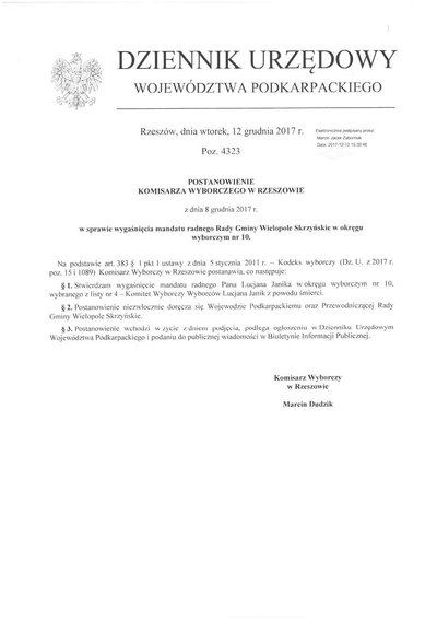 Postanowienie Komisarza Wyborczego w Rzeszowie z dnia 8 grudnia 2017 r.