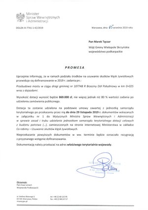 Promesa dla Gminy Wielopole Skrzyńskie na przebudowę mostu w ciągu drogi gminnej Brzeziny Dół Południowy