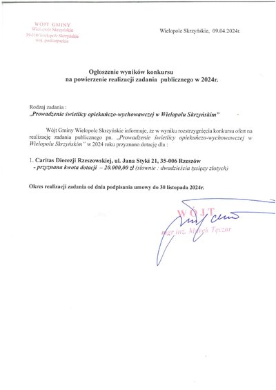 Ogłoszenie o wyniku  konkursu na powierzenie zadań publicznych w 2024 r - Prowadzenie świetlicy opiekuńczo-wychowawczej w Wielopolu Skrzyńskim