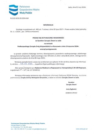 Informacja Dyrektora Zarządu Zlewni w Jaśle
