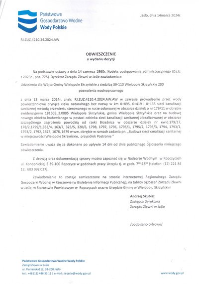 Obwieszczenie o wydaniu decyzji Zarządu Zlewni w Jaśle