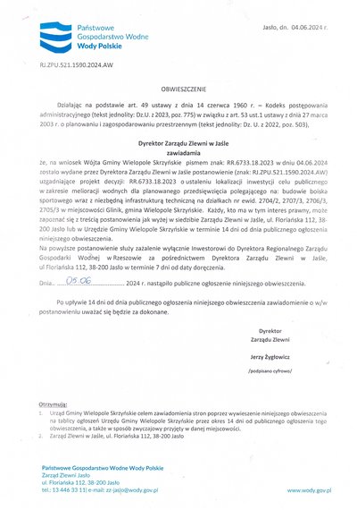 Obwieszczenie Dyrektora Zarządu Zlewni w Jaśle