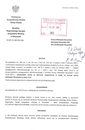 Decyzja o taryfie dla zbiorowego zaopatrzenia w wodę na terenie gminy Wielopole Skrzyńskie