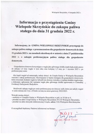 Informacja o przystąpieniu Gminy Wielopole Skrzyńskie do zakupu paliwa stałego  do dnia 31 grudnia 2022 r.