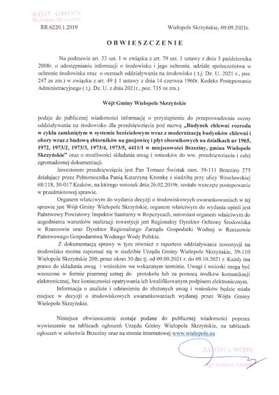 Obwieszczenie Wójta Gminy Wielopole Skrzyńskie o przeprowadzeniu oceny oddziaływania na środowisko dla przedsięwzięcia