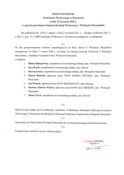 Postanowienie Komisarza Wyborczego w Rzeszowie z dnia 12 stycznia 2018 r.
