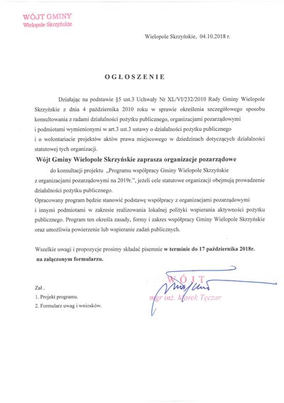 Konsultacje projektu „Program współpracy Gminy Wielopole Skrzyńskie z organizacjami pozarządowymi na 2019 r