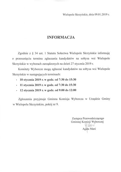 Informacja o przesunięciu terminu zgłaszania kandydatów na sołtysa wsi Wielopole Skrzyńskie