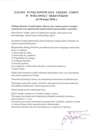 Zasady funkcjonowania Urzędu Gminy w Wielopolu Skrzyńskim od 18 maja 2020 r.