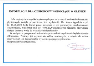 Informacja dla odbiorców wodociągu w Gliniku