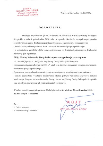 Konsultacje projektu „Program współpracy Gminy Wielopole Skrzyńskie z organizacjami pozarządowymi na 2021r.”