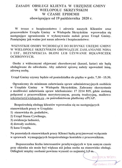 Zasady obsługi klienta w Urzędzie Gminy w Wielopolu Skrzyńskim w czasie epidemii obowiązujące od 19 października 2020 r.