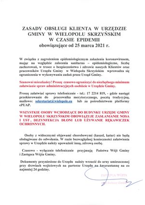 Zasady obsługi klienta w Urzędzie Gminy w Wielopolu Skrzyńskim w czase epidemii obowiązujące od 25 marca 2021r.