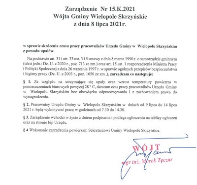 Zarządzenie Wójta Gminy Wielopole Skrzyńskie w sprawie skrócenia czasu pracy pracowników Urzędu Gminy