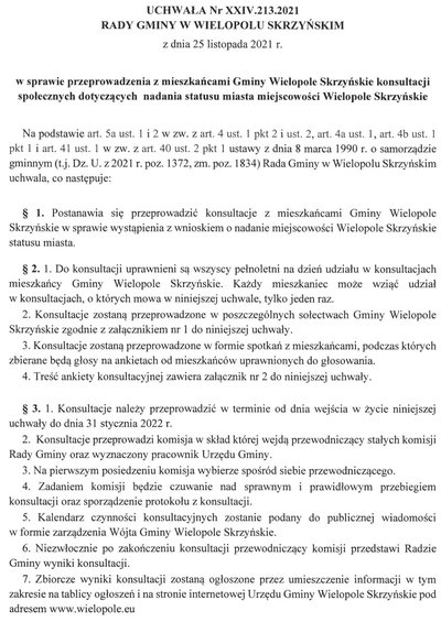 Uchwała Rady Gminy na temat przeprowadzenia konsultacji społecznych dotyczących nadania statusu miasta miejscowości Wielopole Skrzyńskie