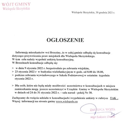 Konsultacje w Brzezinach dotyczące przywrócenia praw miejskich dla Wielopola Skrzyńskiego