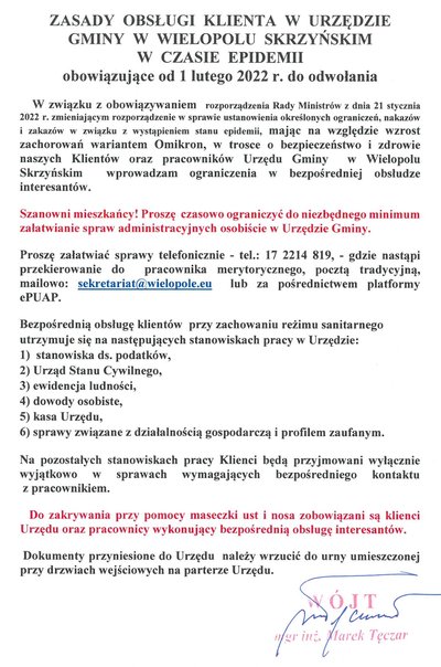 Zasady obsługi klienta w Urzędzie Gminy w Wielopolu Skrzyńskim czasie pandemii obowiązujące od 1 lutego 2022r. do odwołania